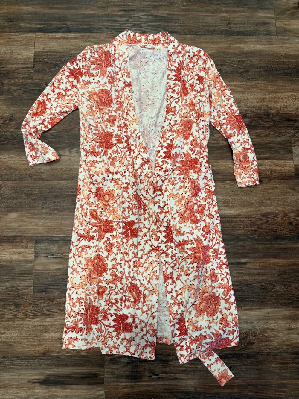 Peruvian Connection Cotton Robe Kimono Duster in Red, Orange, White Pattern